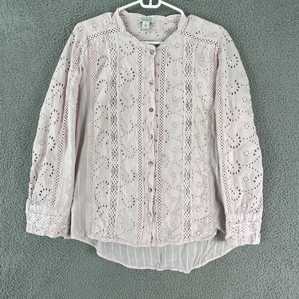 Sundance Eyelet Blouse Womens XL Pink Cotton Long Sleeve Boho Lace Button Top